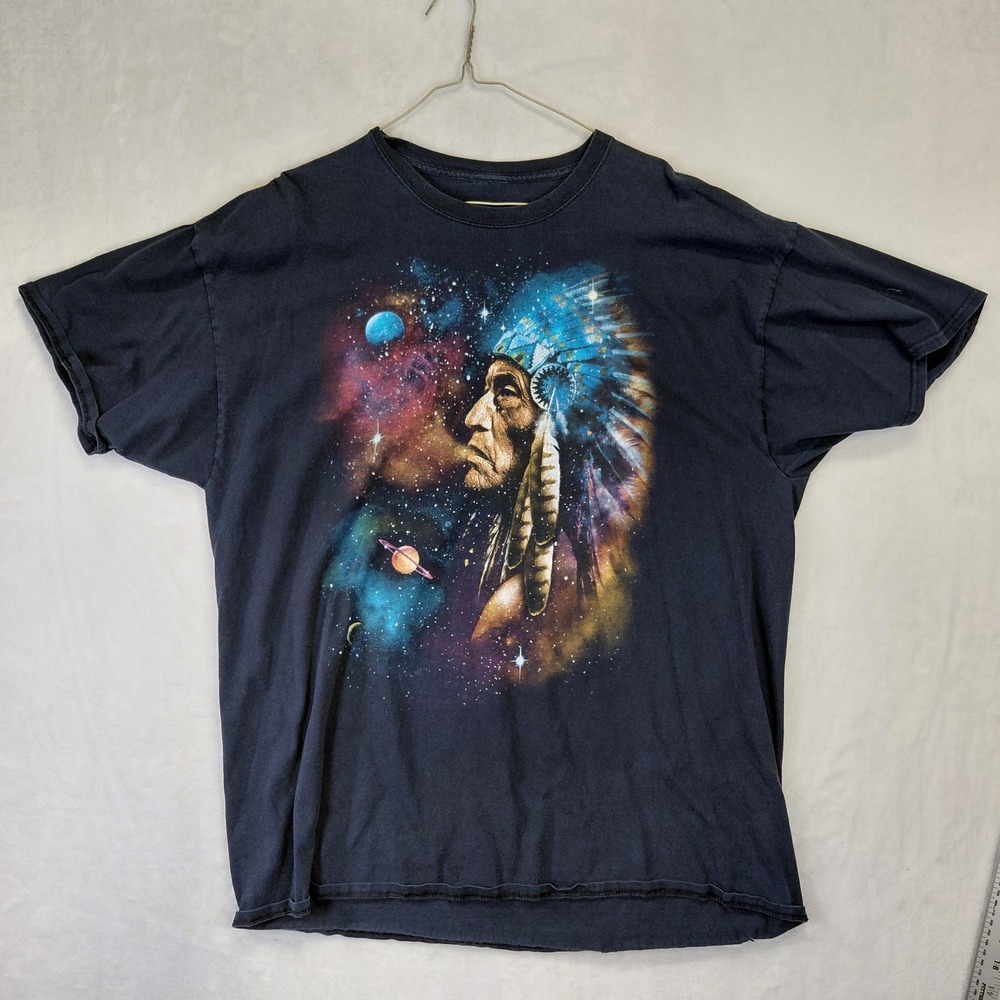 Vintage Style Native American Chief Cosmic Galaxy Graphic T-Shirt Black XL